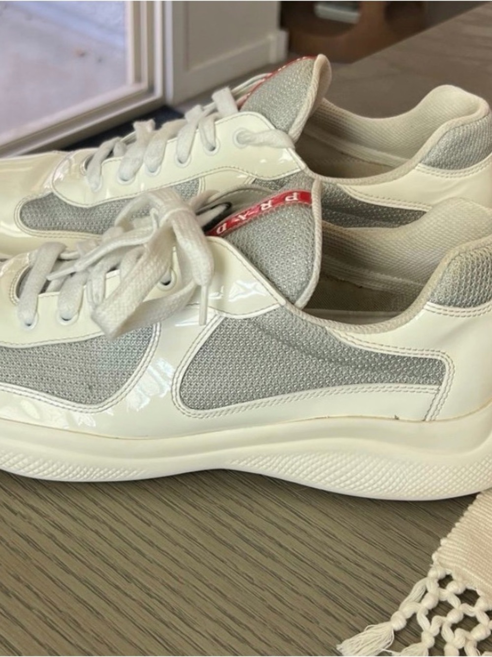 Prada White & Gray Men’s Low-Top Sneakers with Red Logo Tab - Picture 4 of 7